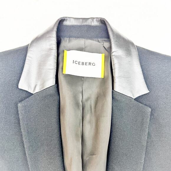 Iceberg Leather Collar Black Blazer Open Jacket Front Pockets Size 44 MINT - Picture 2 of 8